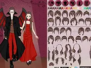 Game screen of Vampire Couple Dress Up showing a handsome male vampire and an elegant female vampire, both dressed in coordinated gothic attire with capes and jewelry, ready for customization.