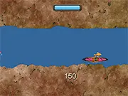 Gameplay screenshot from Beanie in River showing a small boat steering around obstacles and collecting fish on a blue river.