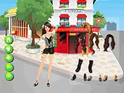 Fashion dress-up game screenshot showing a model in an elegant dark dress in front of Le Consulat Restaurant