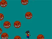 Creepy Space Shooter online game showing a character firing at floating, creepy faces in a dark void