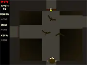 Screenshot of Escape the Dungeon online game, showing the hero character dodging a fireball and preparing to fight a goblin in a dark, trap-filled dungeon setting.