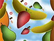 The Fruits free online physics puzzle game, dropping a gnome to bounce off colorful fruits and collect candy.