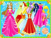 Screenshot from Dancing Party Dress Up showing a girl model in a stylish gown, ready for a dance party, surrounded by clothing and accessory options.