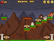 The main action scene of the free online game Devils Leap 2, featuring a red, devilish character initiating a chain reaction to collapse a large, multi-story wooden structure.