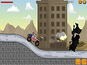 A police Jeep driving fast and shooting a cannon over a steep, green hill in the Spree Rider online game