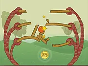 Gameplay screenshot of the free online puzzle game New Splitter Pals, showing the smiley character positioned above a chasm with a wooden block ready to be cut.