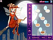 Hallowinx Dress Up free online game featuring Bloom from Winx Club in a customizable witch costume flying on a broom.