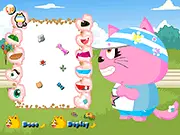 The Little Meowny Dressup game screen, featuring the cute little cat character Meowny wearing a funny hat and jacket against a bright background.