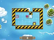 Polar Slide game screenshot, Bulldozer pushing frozen fruit across an ice level, Free online logic puzzle game