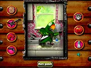 Screenshot of Talking Bird Funny Time showing a green parrot sitting on a kitchen counter next to a coffee machine, looking energetic and ready to make noise.