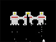 Screenshot of Project BreakThrough online game, showing a small lone spaceship firing lasers at multiple enemy alien spacecrafts in the vastness of space.