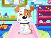 Screenshot of the Pet Dog Care game showing an adorable cartoon puppy being dressed up in a cute outfit