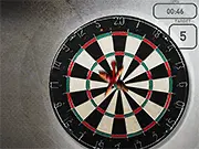 Darts Flash online game showing a dartboard with a dart hitting the bull's eye and score details