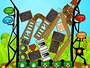 JunkYard physics puzzle game showing a stack of wooden and metal blocks balanced above a recycling bin