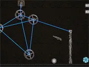 Mechanism Physics Puzzle online game screenshot showing a razor blade about to cut a glowing wire to solve a complex mechanical puzzle.