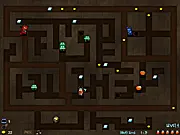 Screenshot from The Dwarf showing the main character walking through a maze, collecting a diamond, and being pursued by small monsters.