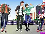 Happy Together Fashion Dressup game screenshot showing two stylish characters, a boy and a girl, wearing perfectly coordinated, colorful outfits