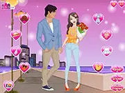 Screenshot from Valentine Cuties Dress Up Online game showing a girl in a stylish pink and red outfit ready for her romantic Valentine's Day date