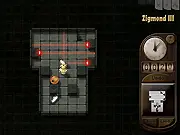 Screenshot of Zigmond III online puzzle game – Detective Zigmond next to crates in a Sokoban-style room inside a mansion.