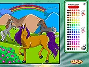 Screenshot of the Unicorn Herd coloring game showing a majestic, prancing unicorn colored with bright pink and blue hues