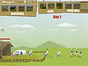 Free online game Farmer vs Zombies showing an inventive farmer using traps and weapons to defend his garden against humorous, marching zombies.