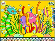 Screenshot of Tropical Fishes Coloring game showing a colorful clownfish and other exotic marine life colored with vibrant, imaginative hues.