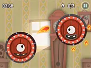 Free online game Pyro Jump showing the flame character Pyro leaping between rotating, gear-like platforms to reach Princess Paper.