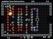 Screenshot of Jakawa's Tower Defence online – Strategic top-down view of towers defending a path against incoming enemy waves.