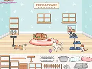 Game screen of Pet Daycare Decoration showing a colorful, decorated room interior with various pet-friendly items like a dog bed, cat tree, and food bowls, all ready to be arranged.