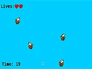 Screenshot of Easy Bee game showing a small character desperately avoiding a swarm of stylized enemy bees on a simple background