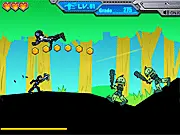 Screenshot from Armor Hero Crazy Shooting showing a futuristic armored hero using a gun to blast multiple enemies in an intense action scene.
