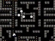 Gameplay screenshot of the action-platformer Kiong, showing the small, yellow Kiong character standing on a stone platform in a dungeon, surrounded by guards and bright yellow bananas.