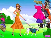 Play Strolling with Dog Dressup free online game, lady choosing a casual dress for a walk with her dog
