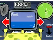 SpongeBob's Bumper Subs online game screenshot, SpongeBob in a submarine, bumping into other subs, avoiding whales and jellyfish, free game