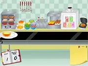 Screenshot of Burger Diner online game showing a customer counter and various ingredients for making a perfect hamburger