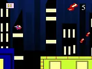 Gameplay screenshot of the free online game Super Pig showing the flying pig character collecting bacon in the sky and avoiding green obstacles.