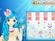 Screenshot of the Mermaid Makeup game showing an animated mermaid with colorful hair, wearing sparkling makeup and seashell accessories against an underwater background.