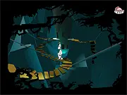 Online puzzle game Leo's Great Day, showing Leo trapped in a room with numerous movable brown and grey stones