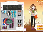 Gameplay screenshot of the free online game Positive Autumn Dress Up showing a girl in a stylish autumn outfit, complete with scarves and boots.