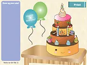 Screenshot of the Dress Up Your Cake! game showing a beautifully decorated birthday cake with colorful frosting, many toppings, and lit candles in the online design game.