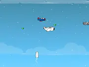 Gameplay screenshot of the free online game Rocket Up showing a small rocket launching skyward against a blue and white cloud background.