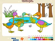 Screenshot of Pets Coloring Book game showing a partially colored cute puppy with a rainbow color palette, play free online kids game