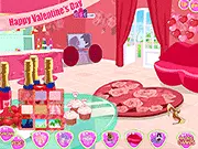 Screenshot of Valentine's Party Decorator game showing a party room styled with romantic decorations, heart balloons, and a karaoke machine.