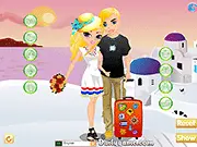 Screenshot of Honeymoon Trip Dress Up showing a newlywed couple in fashionable, coordinated outfits standing in front of a Greek island beach scene.