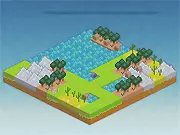 The free online simulation game Tinysasters showing a small, damaged world with areas needing repair and construction of a shrine.