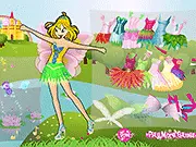 A magical blonde fairy character with large wings wearing a sparkling blue and pink costume in the Blonde Fairy Dressup game