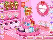 Valentine's Store Decoration free online game screenshot, boutique decorated with hearts and pink furniture, design game