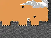 Gameplay screenshot of Tiny Visitor showing the small character jumping over a wide gap between platforms while evading a strange, unknown creature in the 2D online platformer.