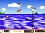 Fish Catchers free online arcade game screenshot of a glove trying to capture colorful fish while avoiding a red Bomb Fish