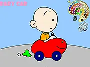 Baby Car Coloring free online game screenshot, a black and white outline of a baby in a toy car ready to be colored with a palette of vibrant paints